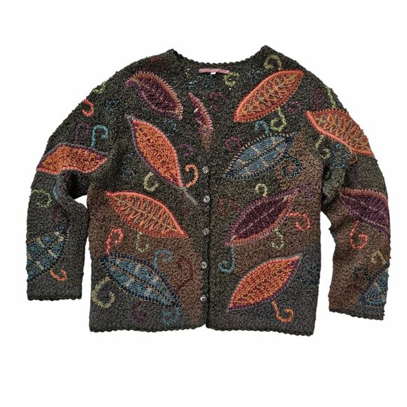 Peruvian Connection Vintage Alpaca Embroidered Autumn Leaf Handknit Sweater - Picture 1 of 10